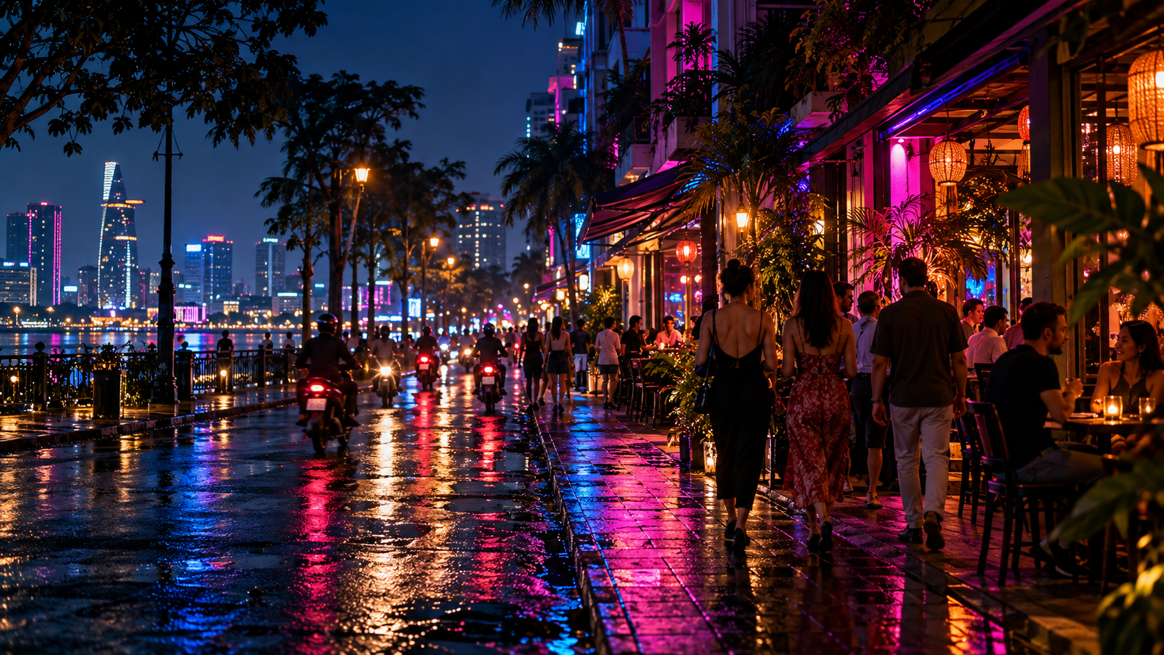 霓虹灯下的胡志明市夜晚编辑插画